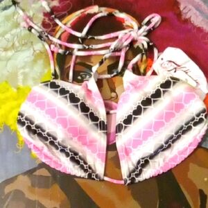 Pink and Black Zigzag Bikini Top with Adjustable Straps